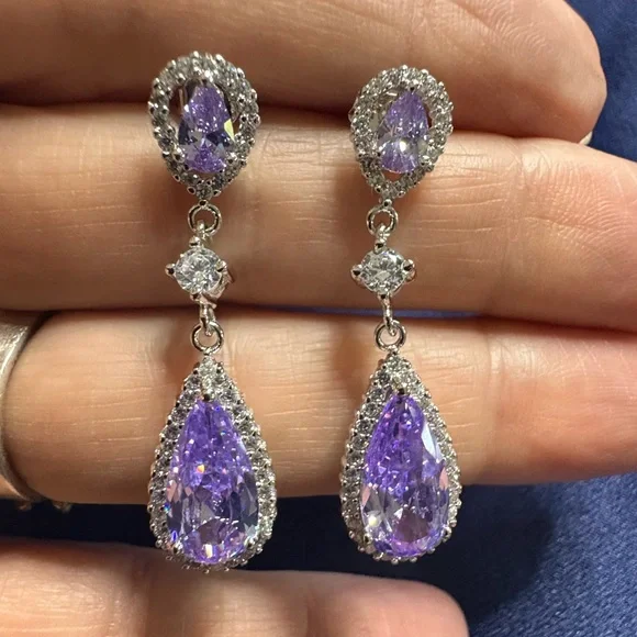 Earrings Sterling Silver White Gold Over Cubic Zirconia - Picture 1 of 4